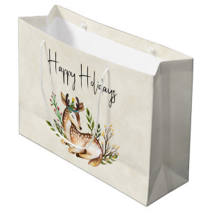 Pretty Watercolor Deer Laying Down Boho Holiday Large Gift Bag