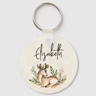 Pretty Watercolor Deer Laying Down Boho Key Ring