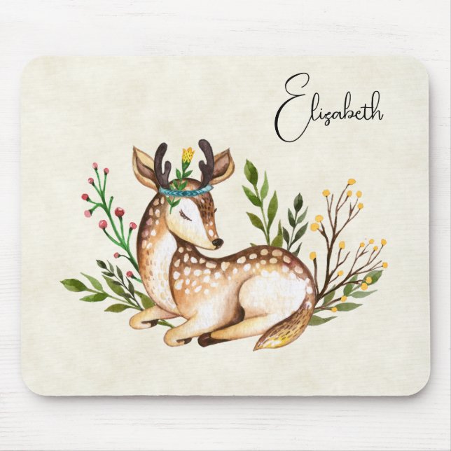 Pretty Watercolor Deer Laying Down Boho Mouse Mat (Front)