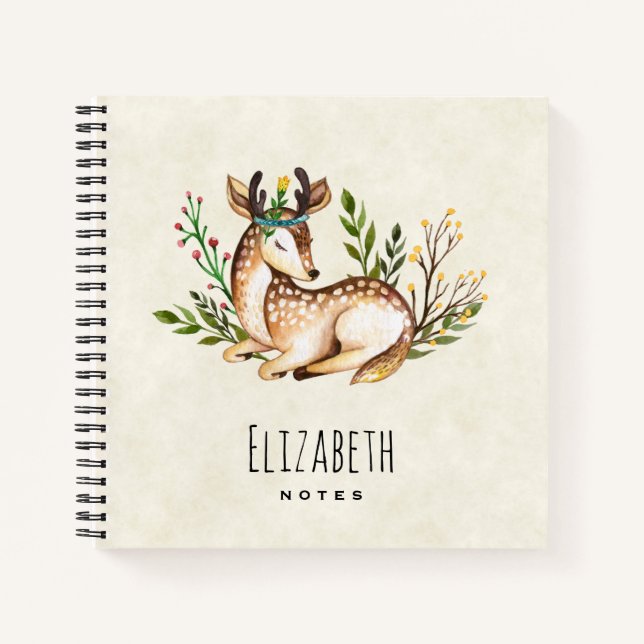 Pretty Watercolor Deer Laying Down Boho Notebook (Front)