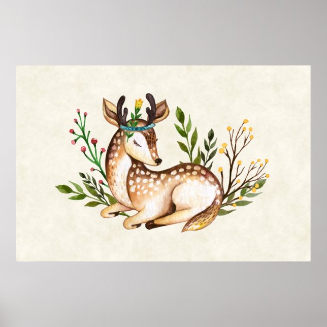 Pretty Watercolor Deer Laying Down Boho Poster (Front)
