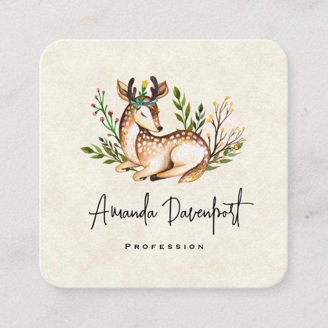 Pretty Watercolor Deer Laying Down Boho Square Business Card (Front)