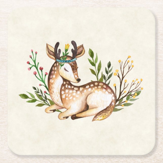 Pretty Watercolor Deer Laying Down Boho Square Paper Coaster (Front)