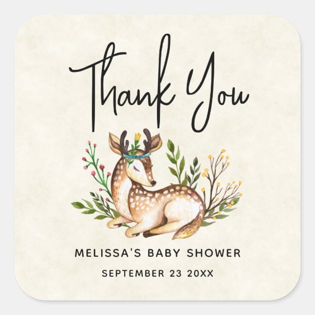 Pretty Watercolor Deer Laying Down Boho Square Sticker (Front)