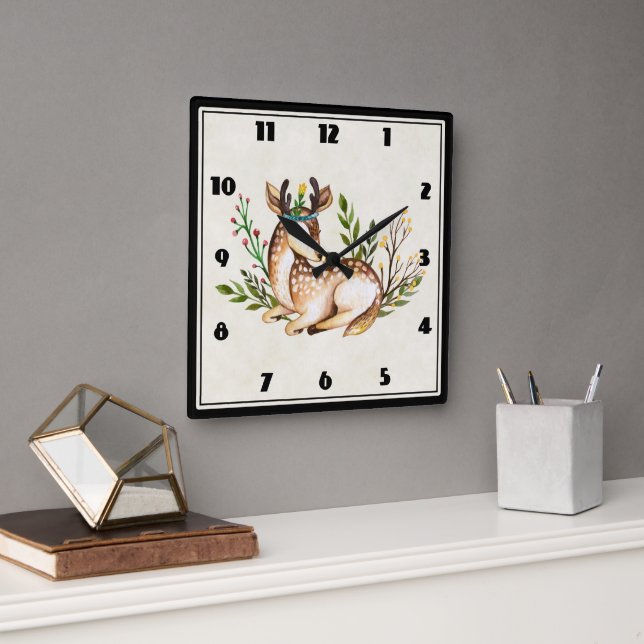 Pretty Watercolor Deer Laying Down Boho Square Wall Clock (Office)