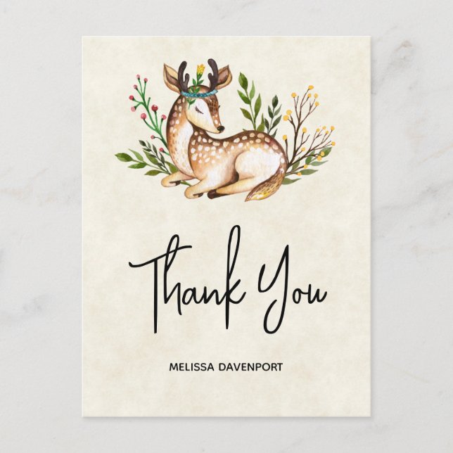 Pretty Watercolor Deer Laying Down Boho Thank You Postcard (Front)