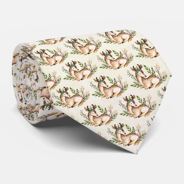 Pretty Watercolor Deer Laying Down Boho Tie (Rolled)