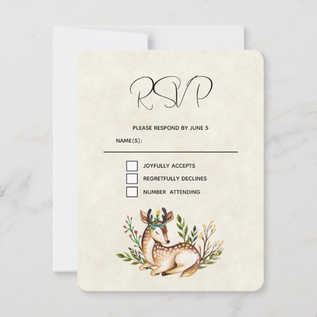 Pretty Watercolor Deer Laying Down Boho Wedding RSVP Card (Front)