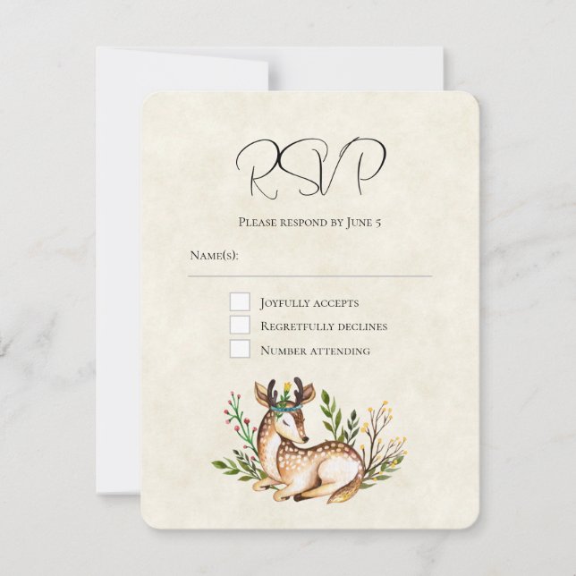 Pretty Watercolor Deer Laying Down Boho Wedding RSVP Card (Front)