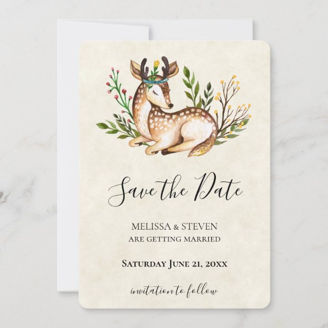 Pretty Watercolor Deer Laying Down Save The Date (Front)