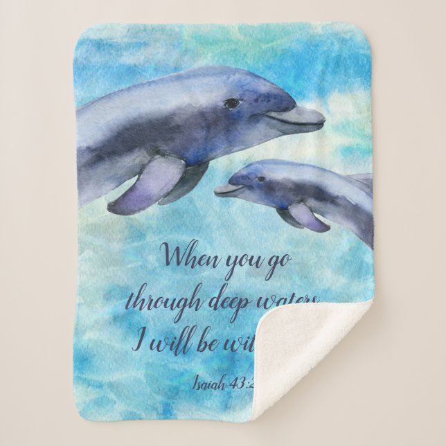 Pretty Watercolor Dolphins | Bible Verse Sherpa Blanket (Front)