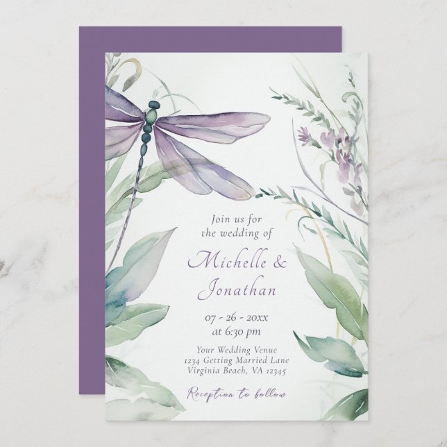 Pretty Watercolor Dragonfly and Greenery Wedding Invitation (Front/Back)