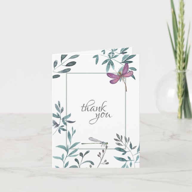 Pretty Watercolor Dragonfly Garden Greenery, White Thank You Card (Front)