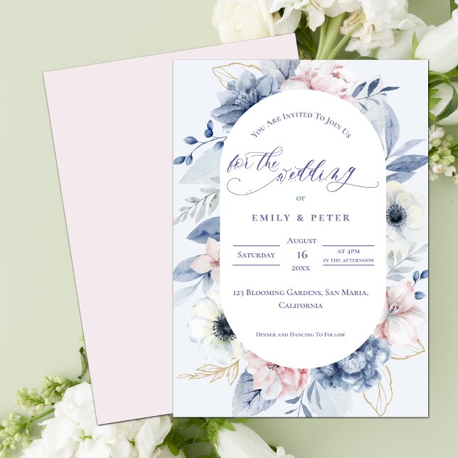 Pretty Watercolor Dusty Blue Floral Wedding Invitation (Pretty Watercolor Dusty Blue Floral Wedding Invitation)