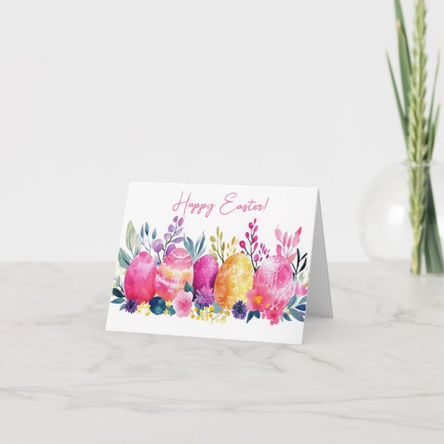 Pretty Watercolor Easter Eggs Holiday Card (Front)