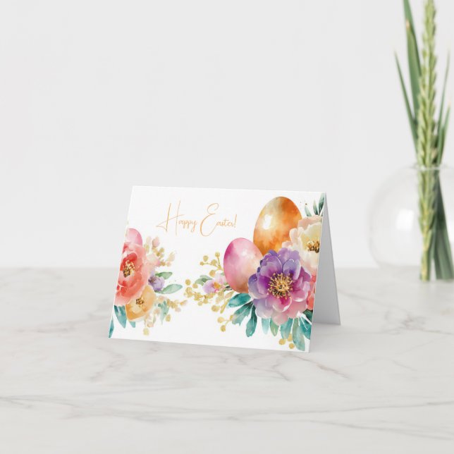 Pretty Watercolor Easter Eggs Holiday Card (Front)