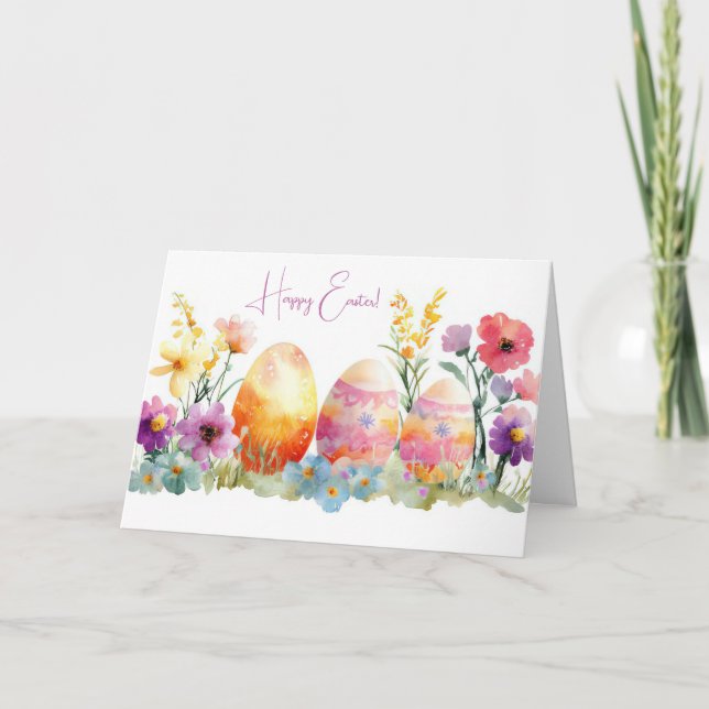 Pretty Watercolor Easter Eggs Holiday Card (Front)