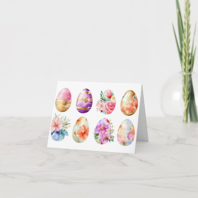 Pretty Watercolor Easter Eggs Holiday Card (Front)