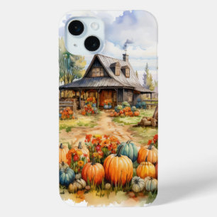 PRETTY WATERCOLOR FALL AUTUMN BARN & PUMPKINS iPhone 15 MINI CASE