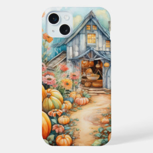 PRETTY WATERCOLOR FALL AUTUMN BARN & PUMPKINS iPhone 15 PLUS CASE
