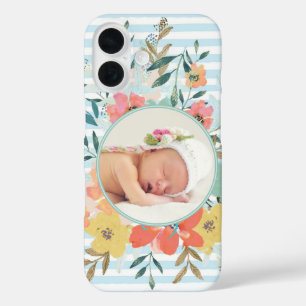 Pretty Watercolor Floral and Stripes Custom Photo iPhone 16 Case