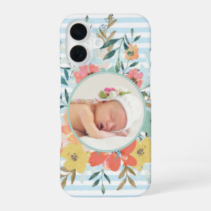 Pretty Watercolor Floral and Stripes Custom Photo iPhone 16 Case