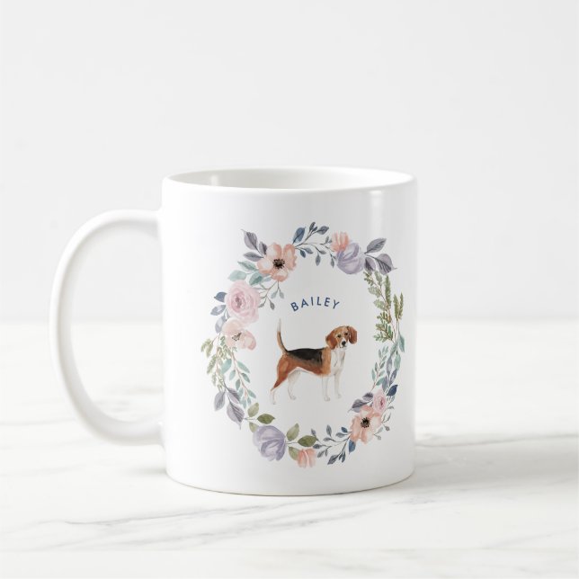 Pretty Watercolor Floral | Beagle Dog Coffee Mug (Left)