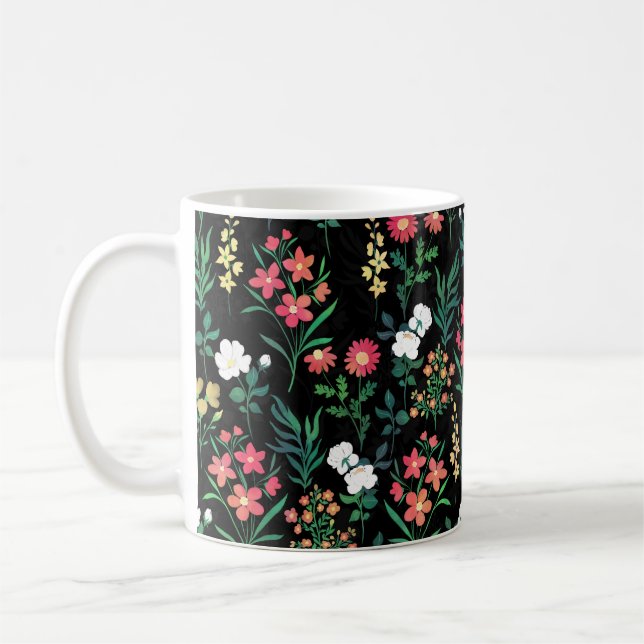 Pretty Watercolor Floral Black Botanical Coffee Mug (Left)