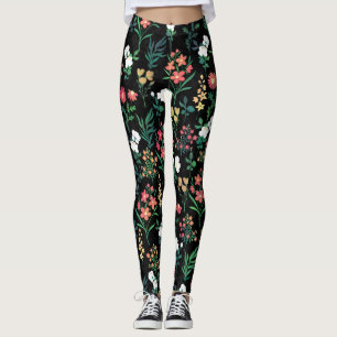 Pretty Watercolor Floral Black Botanical Leggings