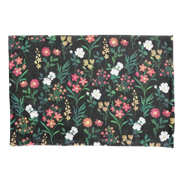 Pretty Watercolor Floral Black Botanical Pillowcase (Front-Left)