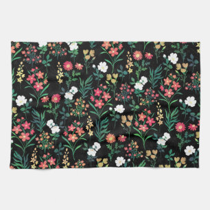 Pretty Watercolor Floral Black Botanical Tea Towel