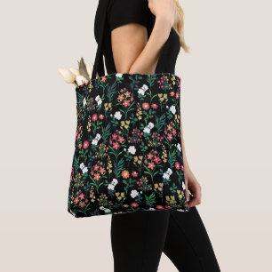 Pretty Watercolor Floral Black Botanical Tote Bag