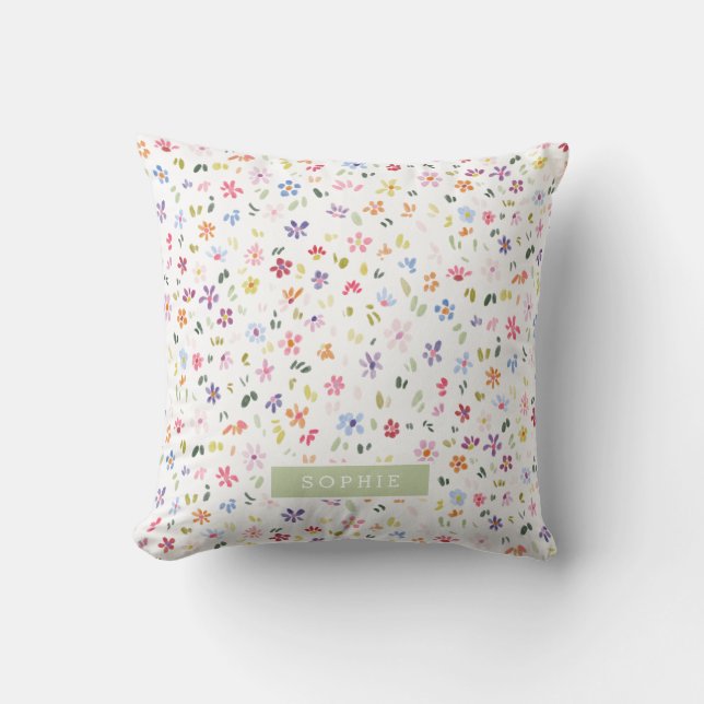 Pretty Watercolor Floral Blooming Custom Name Cushion (Front)