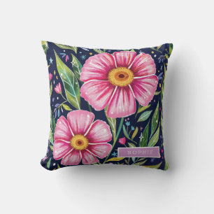 Pretty Watercolor Floral Blooming Custom Name Cushion