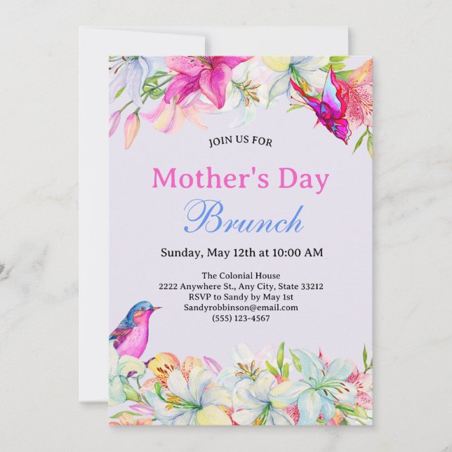 Pretty Watercolor Floral Blue Mother's Day Brunch Invitation (Front)