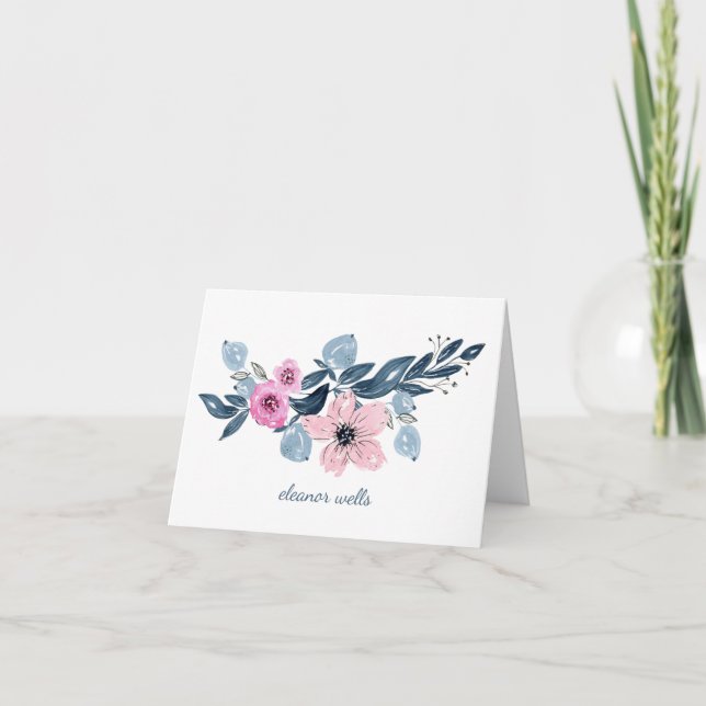 Pretty Watercolor Floral Blue Pink Personalised Note Card (Front)