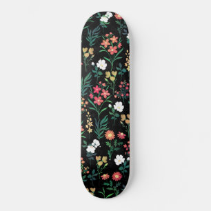Pretty Watercolor Floral Botanical Black Pattern Skateboard