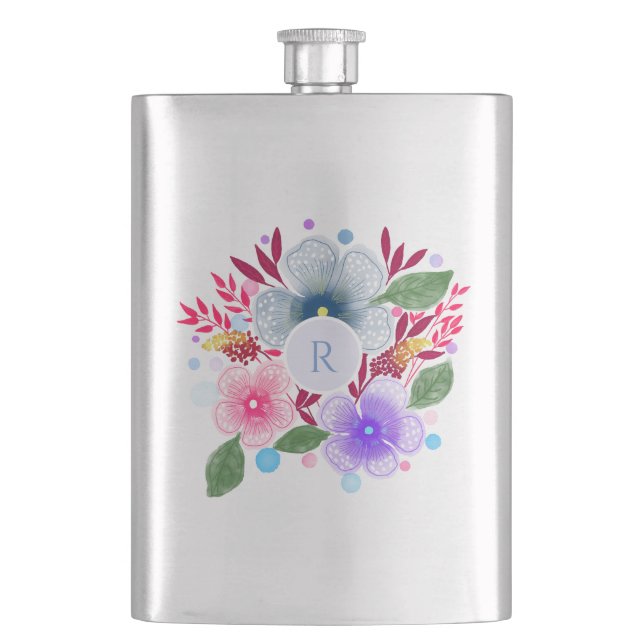 Pretty Watercolor Floral Bouquet Monogram Hip Flask (Front)
