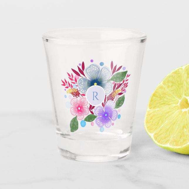 Pretty Watercolor Floral Bouquet Monogram Shot Glass (Front)