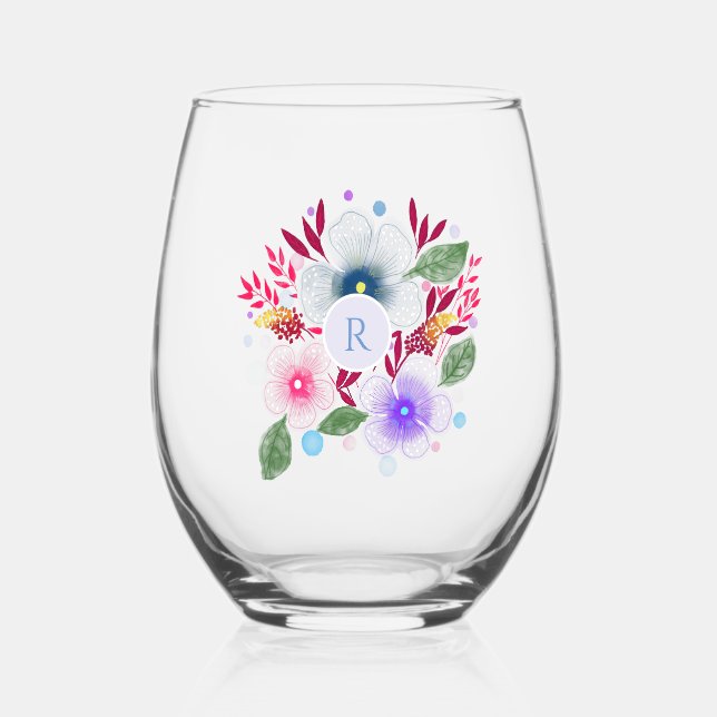 Pretty Watercolor Floral Bouquet Monogram Stemless Wine Glass (Front)