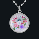Pretty Watercolor Floral Bouquet Monogram Sterling Silver Necklace<br><div class="desc">Pretty personalised necklace with watercolor floral art.</div>