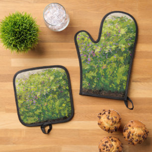Pretty Watercolor Floral Bush Graphic Art Painting Oven Mitt & Pot Holder Set