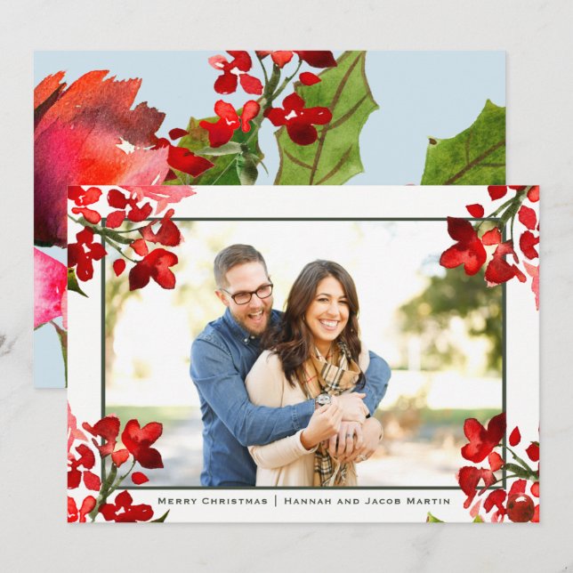 Pretty Watercolor Floral Christmas Photo Holiday Card (Front/Back)