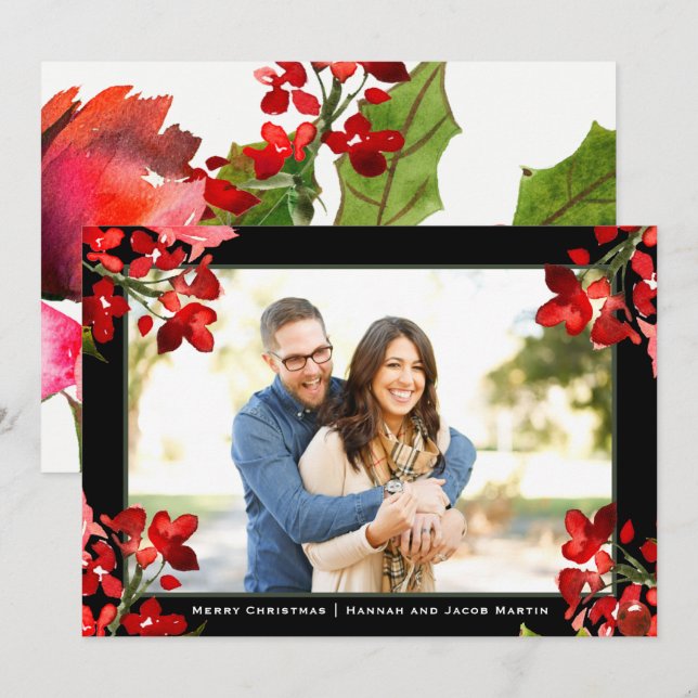 Pretty Watercolor Floral Christmas Photo Holiday Card (Front/Back)