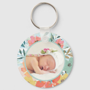 Pretty Watercolor Floral Custom Photo Key Ring