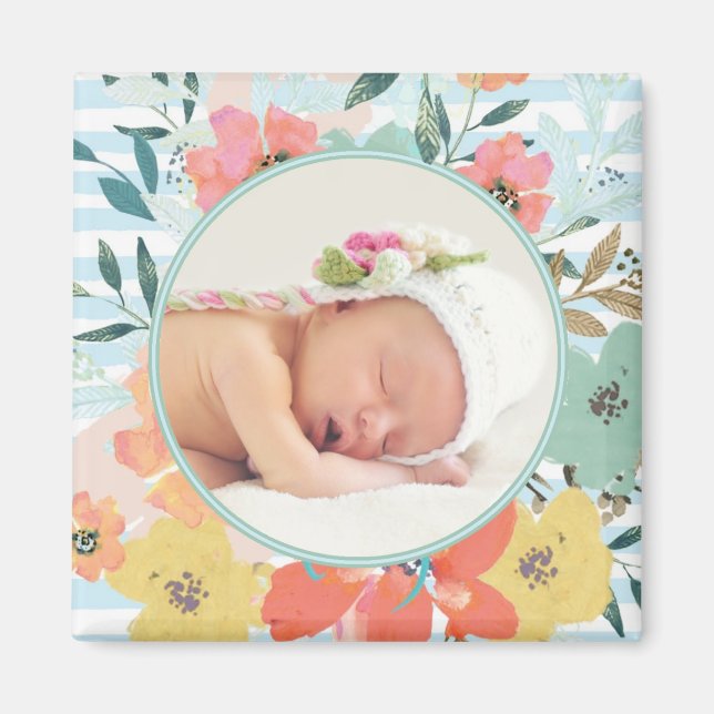 Pretty Watercolor Floral Custom Photo Magnet (Front)