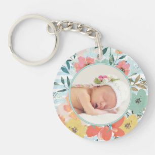 Pretty Watercolor Floral Custom Photo Personalised Key Ring