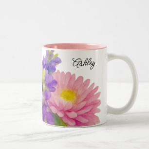 Pretty Watercolor Floral Custom Script Name Two-Tone Coffee Mug