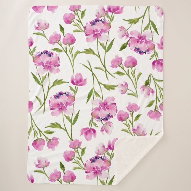 Pretty Watercolor Floral Design Sherpa Blanket (Front)
