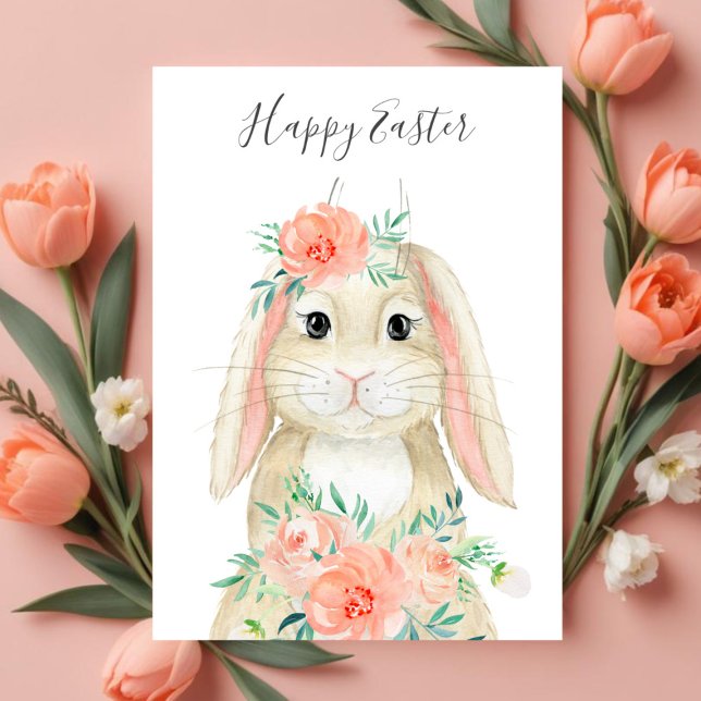 Pretty Watercolor Floral Easter Bunny Holiday Card (Creator Uploaded)
